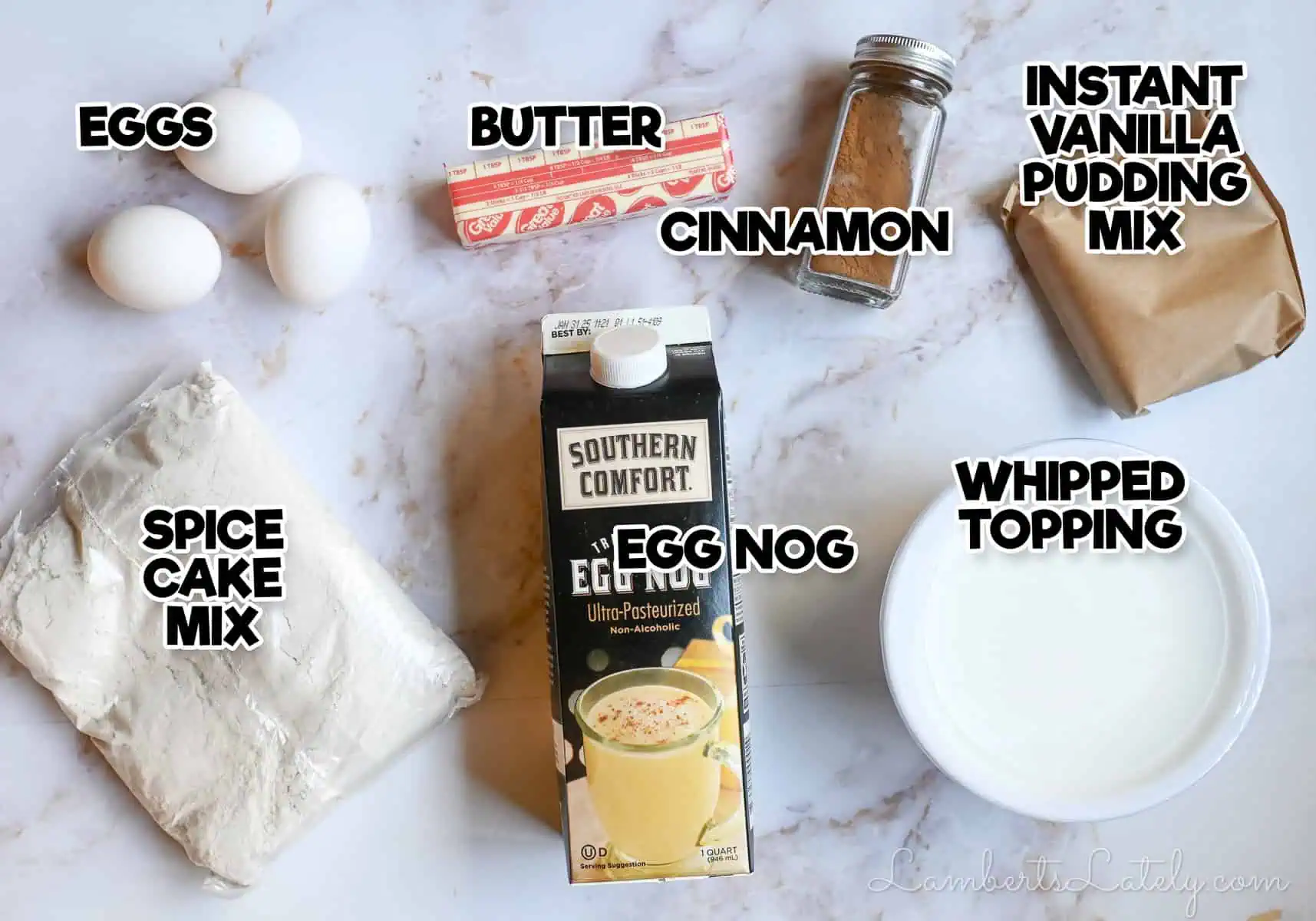 ingredients for egg nog poke cake.