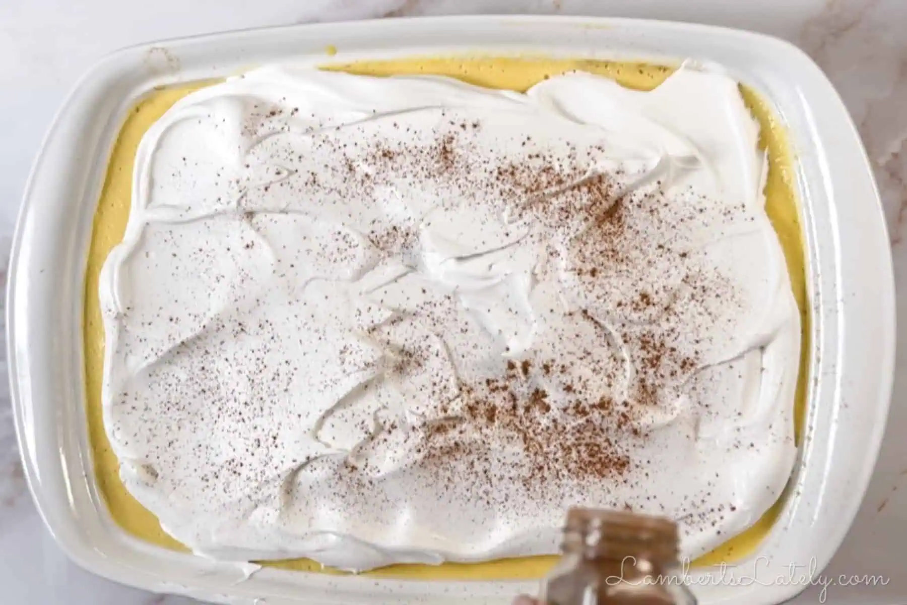 sprinkling cinnamon on top of the finished cake.
