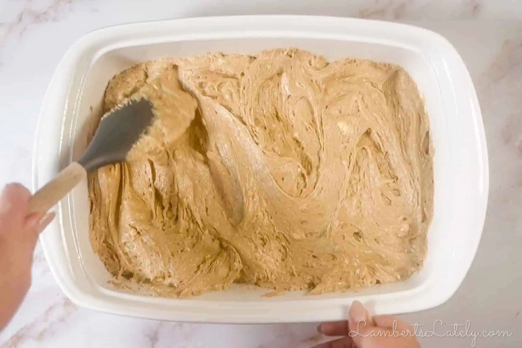 spreading spice cake batter in a baking dish.