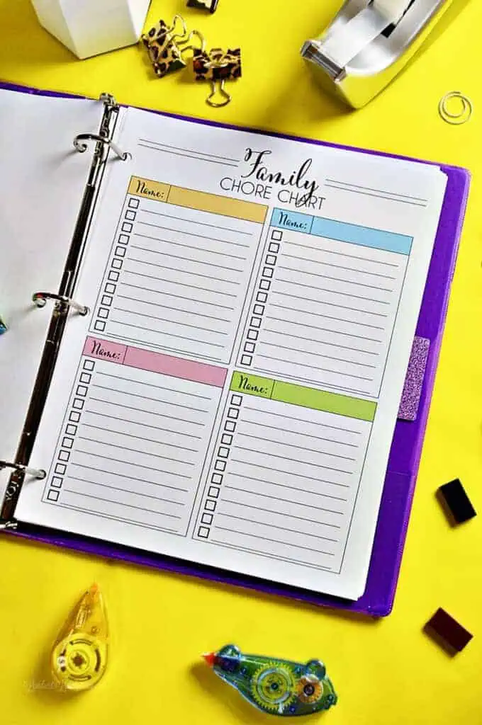 family chore chart in a notebook.