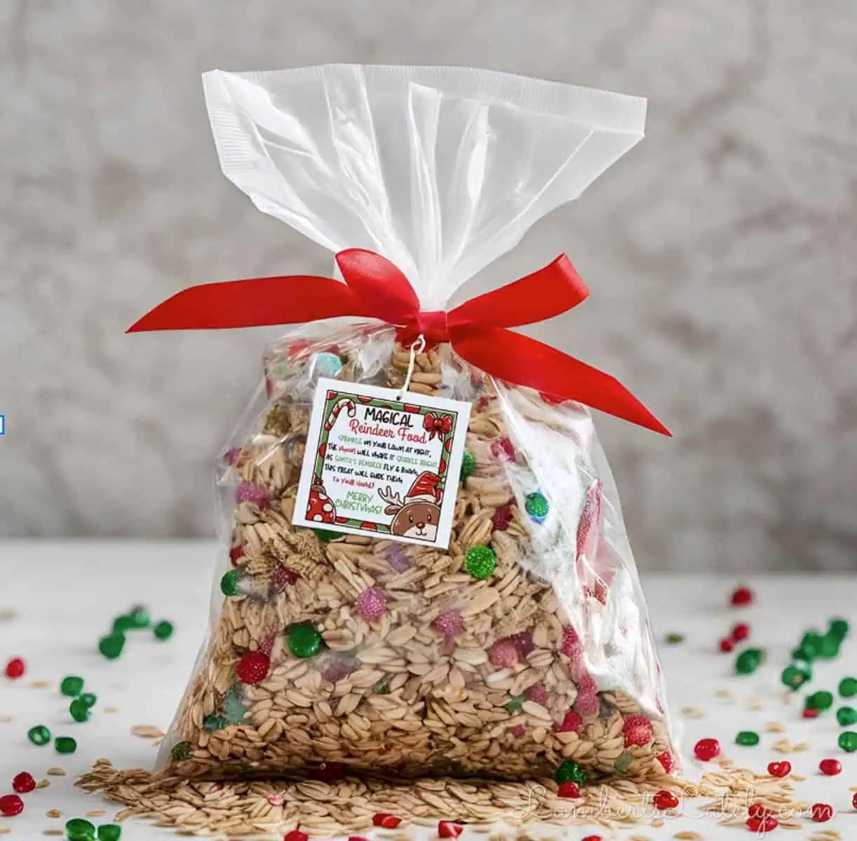 bag of reindeer food with printable tag.