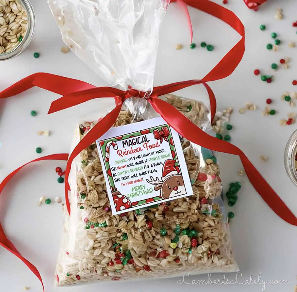 bag of reindeer food, tied with a red ribbon, with printable attached.