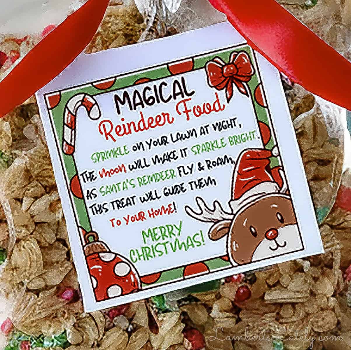 reindeer food printable attached to a bag.