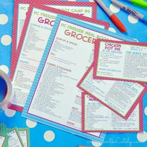 freezer meal boot camp grocery list and recipe card printables.