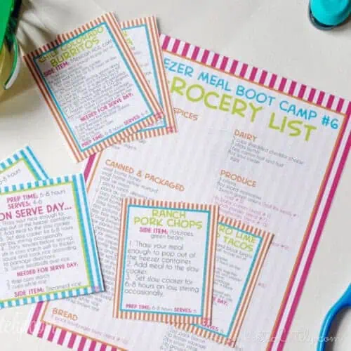 freezer meal boot camp grocery list and recipe card printables.