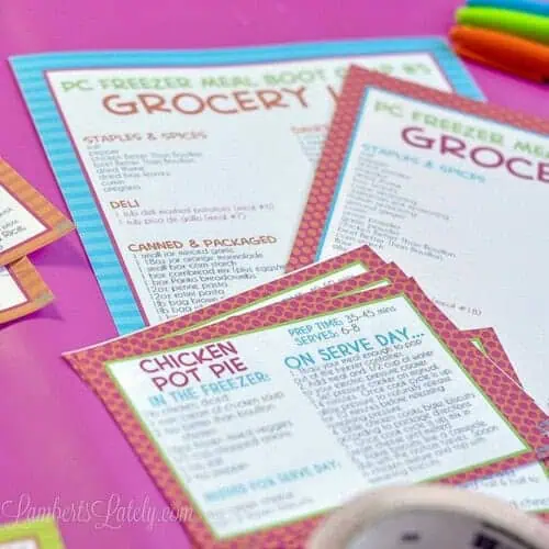 freezer meal boot camp grocery list and recipe card printables.