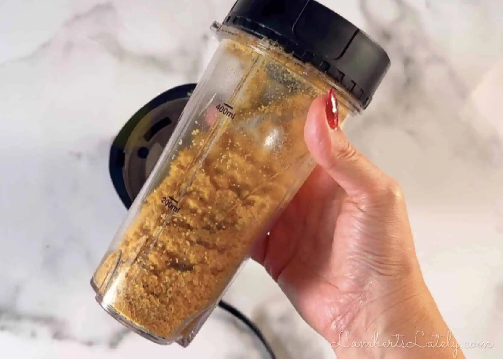 holding crushed seasoned croutons in a food processor.