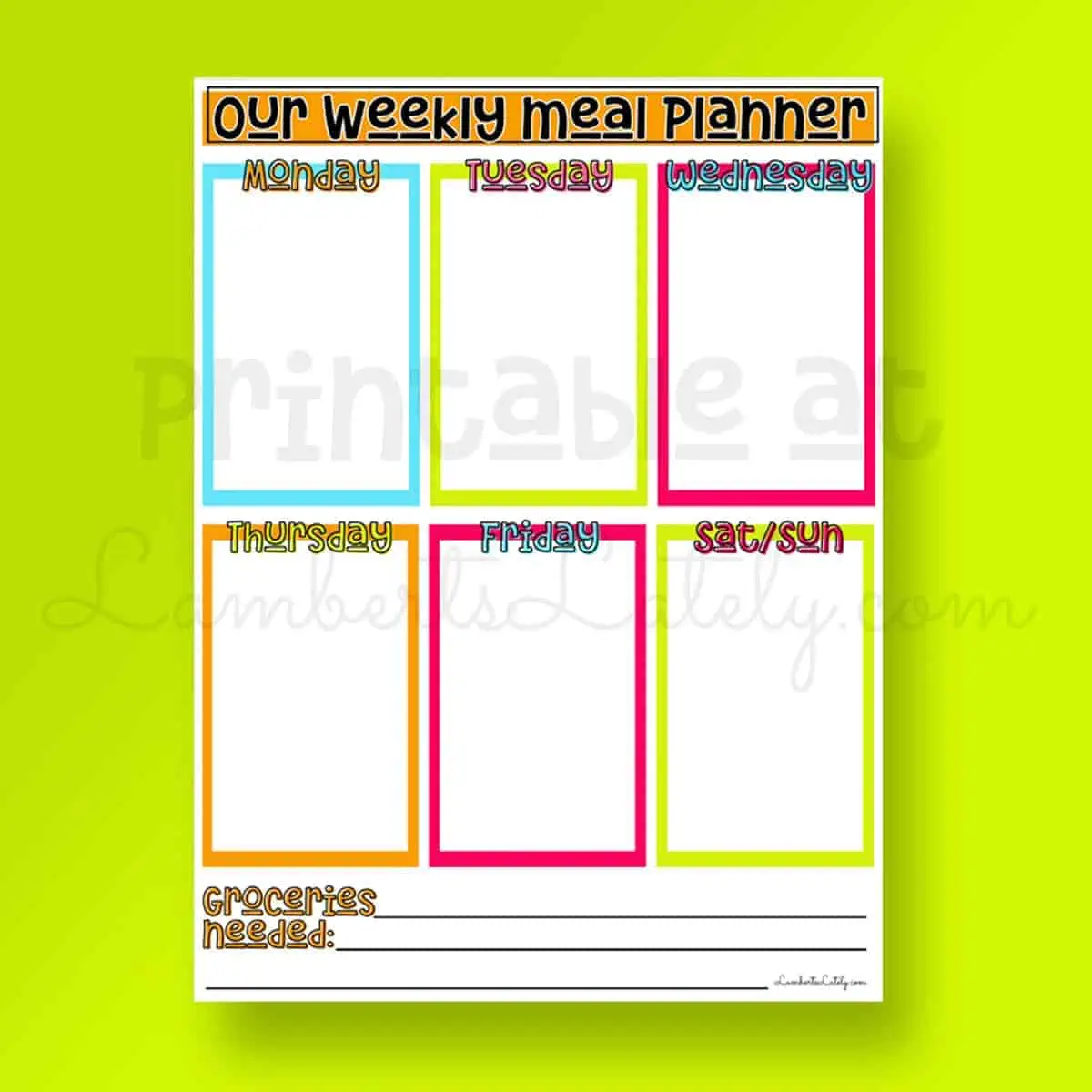 meal planner with blank daily boxes.