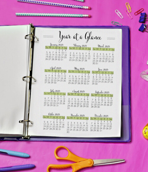 year at a glance page in a notebook.