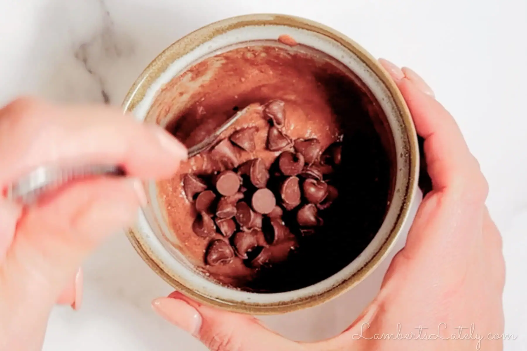 adding chocolate chips to cake batter.