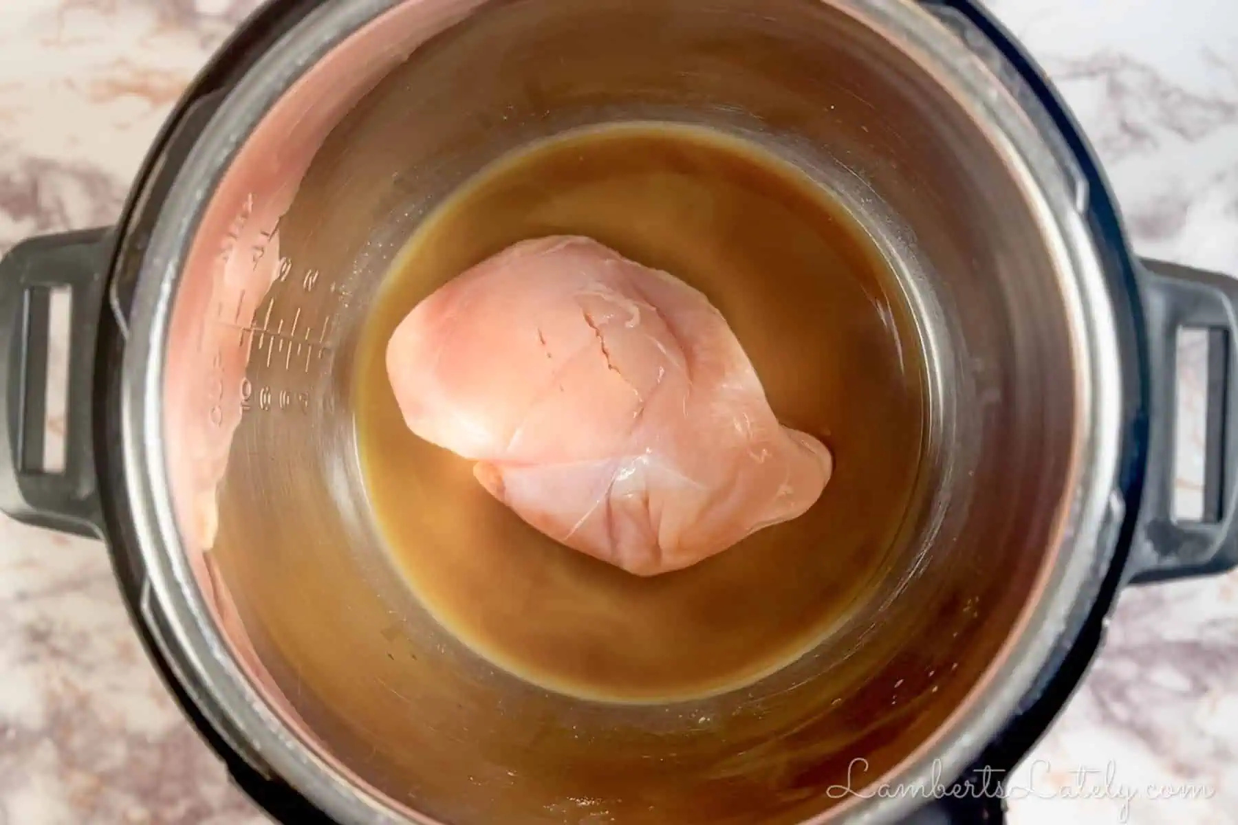 chicken breast sitting in liquid in an instant pot.