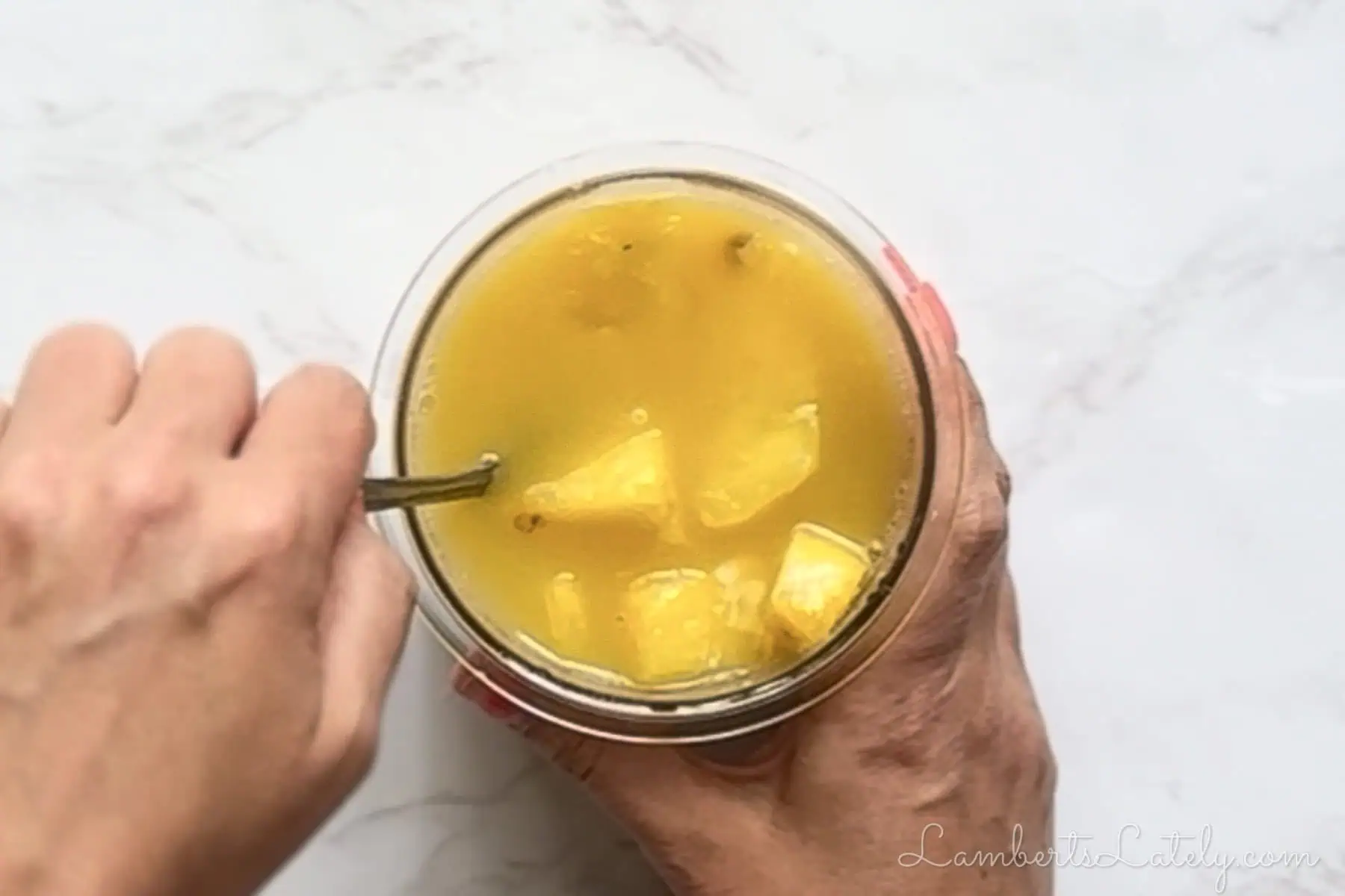 stirring frozen pineapple, juice, and sweetened condensed milk in a ninja creami pint container.