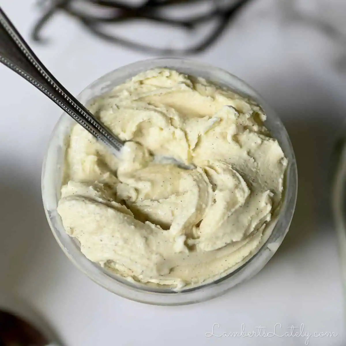 vanilla ice cream in a ninja creami pint container, with a spoon.