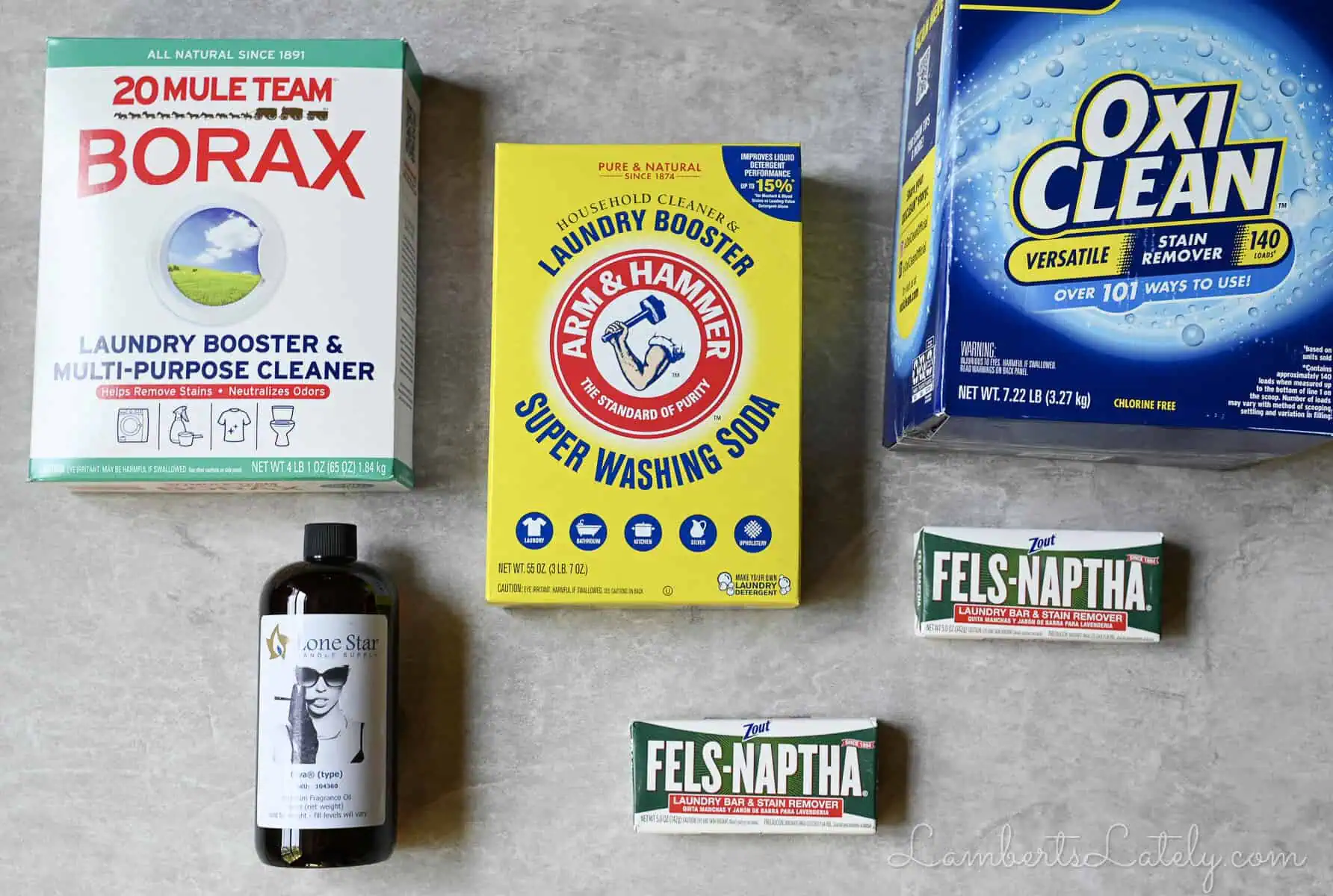 ingredients for homemade laundry detergent powder.