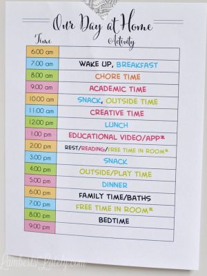our day at home printable taped to a wall.