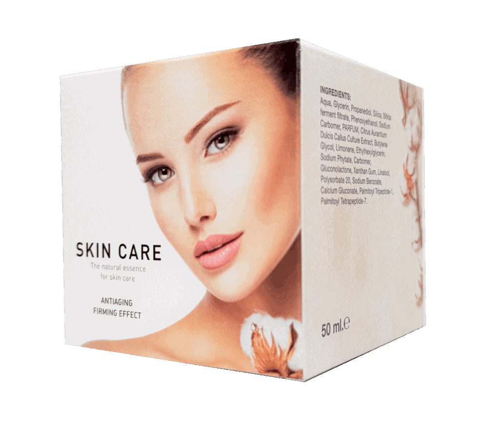 Packaging de caja de cosméticos con diseño elegante y imagen de mujer con piel perfecta, ideal para productos de cuidado facial y belleza.