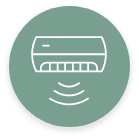 Icon of an air conditioner with waves indicating airflow, set against a green circular background.