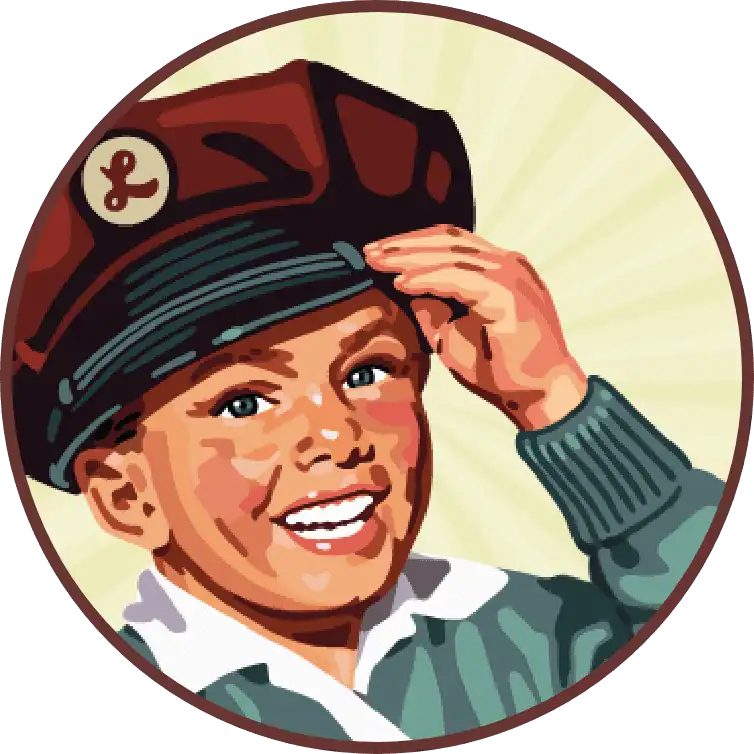 Illustration of a smiling child wearing a brown cap and blue sweater, adjusting the hat with one hand.