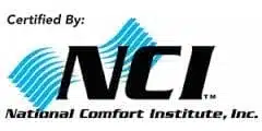 Logo of the National Comfort Institute, Inc., with blue wave patterns behind the letters "NCI" and text "Certified By:" above.