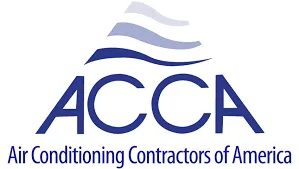 Logo of the Air Conditioning Contractors of America (ACCA) featuring stylized blue text and wave-like design elements above the letters.