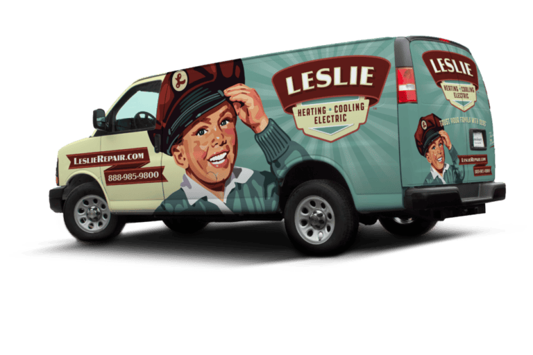 Delivery van with "Leslie Heating, Cooling, Electric" branding features a retro-style illustration of a smiling technician in uniform. The service area’s contact info and website are clearly displayed on the side for easy access.
