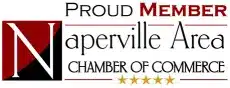 Logo of the Naperville Area Chamber of Commerce with the text "Proud Member" and a stylized letter "N" on a red and black background.