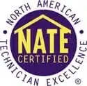 Circular logo with "North American Technician Excellence" around the edge. Inside, "NATE Certified" is written with a yellow house outline on a purple background.