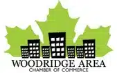Logo with green maple leaf silhouette and black building outlines above the text "Woodridge Area Chamber of Commerce.