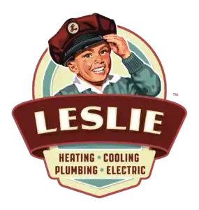 Smiling child in a cap above a banner reading "Leslie" with text below: "Heating • Cooling • Plumbing • Electric.