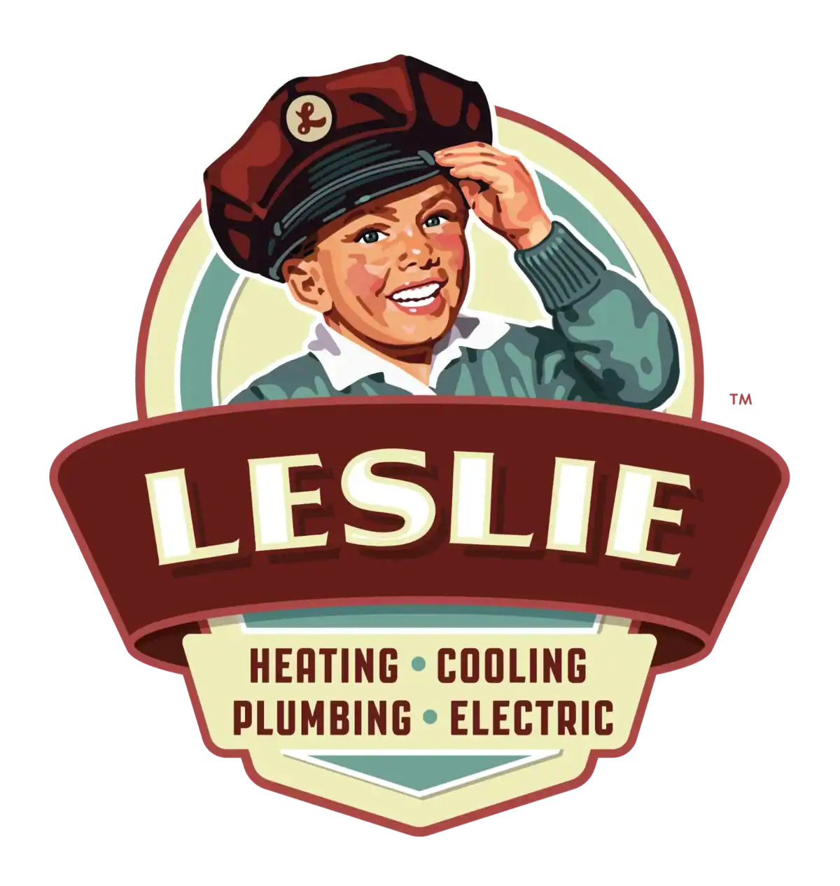 Smiling child in a cap above a banner reading "Leslie" with text below: "Heating • Cooling • Plumbing • Electric.