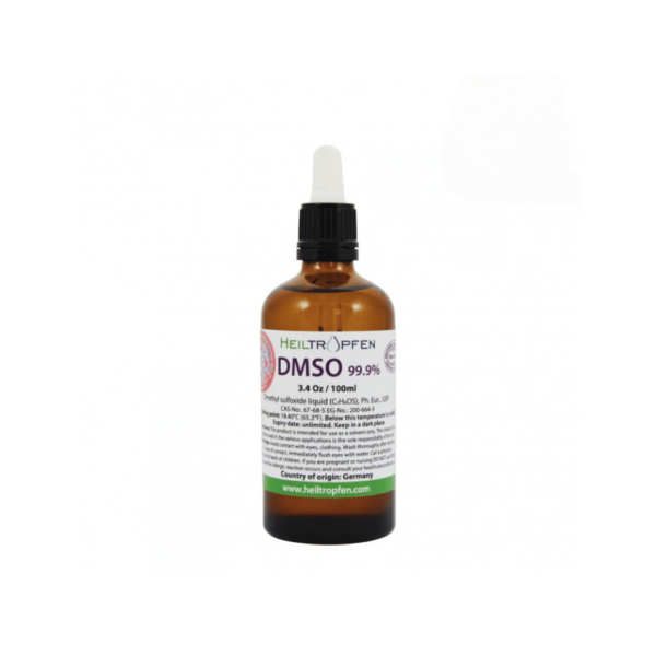 Υγρό DMSO σε αμπαλάζ με σταγονόμετρο, κατάλληλο για τοπική χρήση και θεραπεία, υψηλή καθαρότητα 99.9%, γερμανικής προέλευσης, ιδανικό για φυσική αποκατάσταση και αναλγητικές θεραπείες.