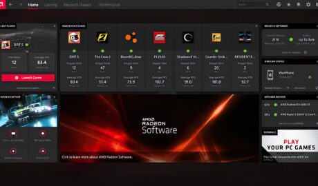 AMD Radeon Software Benutzeroberfläche im Gaming-Dashboard, mit Spielübersicht und Systeminformationen, ideal für Gaming-Enthusiasten und Nutzer mit AMD-Grafikkarten.