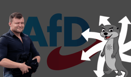 Hochwertiger Mann in dunklem Hemd vor einem grafischen Hintergrund mit "AfD" und Cartoon-Hund, symbolisch für politische Debatten und kontroverse Themen in Deutschland.