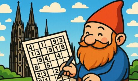 Rätselhafter Zwerg mit rotem Hut löst Sudoku vor gotischer Kathedrale im Grünen, fröhlich und entspannt.