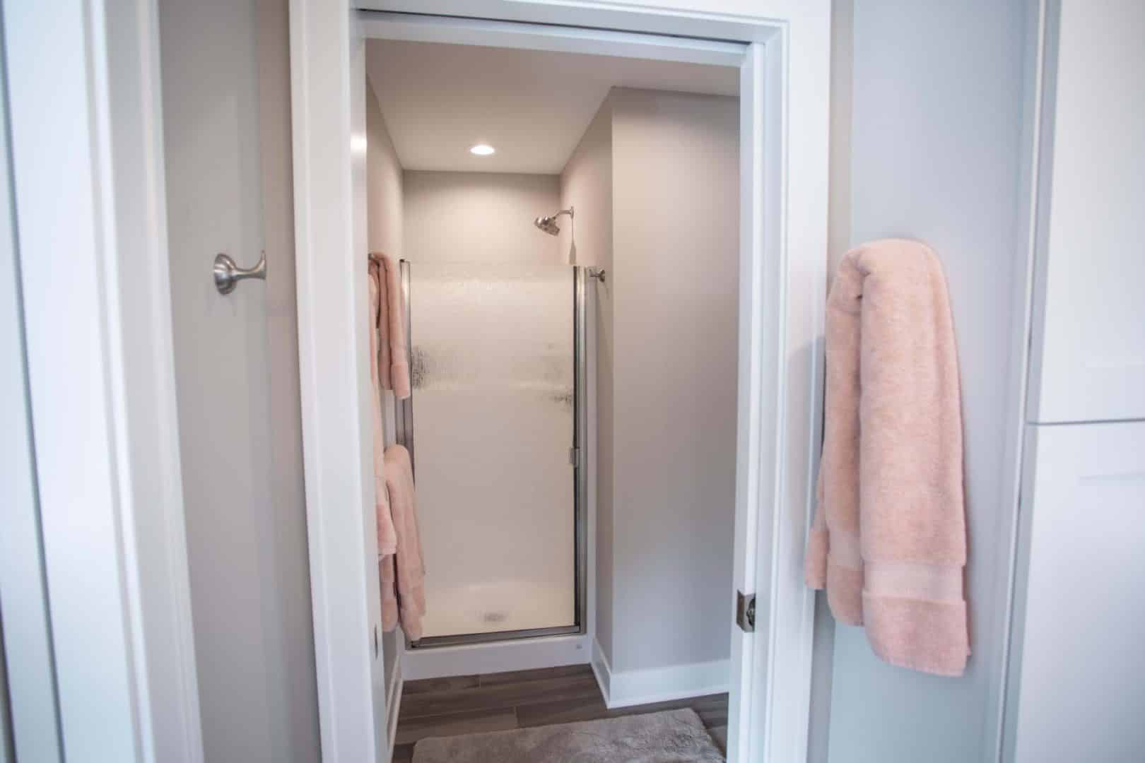 Modern bathroom shower with glass door and towel hooks.