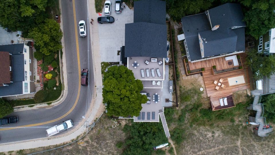 Aerial view of Livingston Homes neighborhood showing houses, trees, and streets.