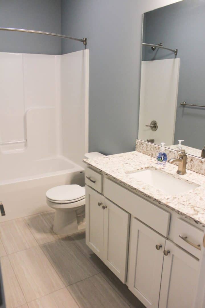 Bathroom with shower, toilet, and granite countertop vanity.