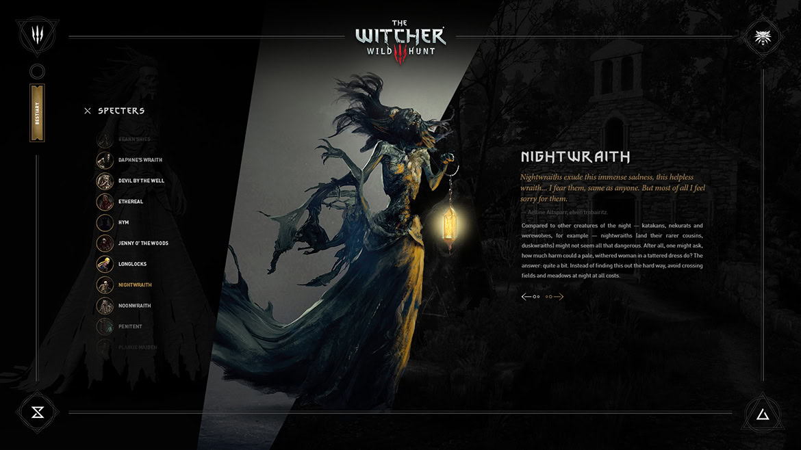 A haunting illustration of a witch with long hair and a flowing dress, holding a lantern in a dark, eerie landscape.