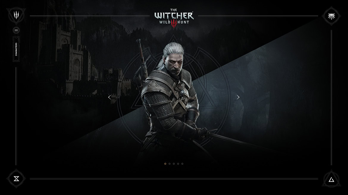 Wild Hunt game interface featuring a male character with white hair and armor, set against a dark, medieval background.