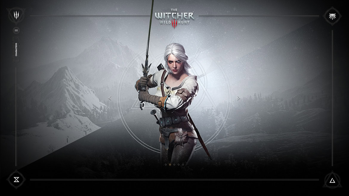 A woman with white hair holding a sword, standing in a snowy mountain landscape with game interface elements.
