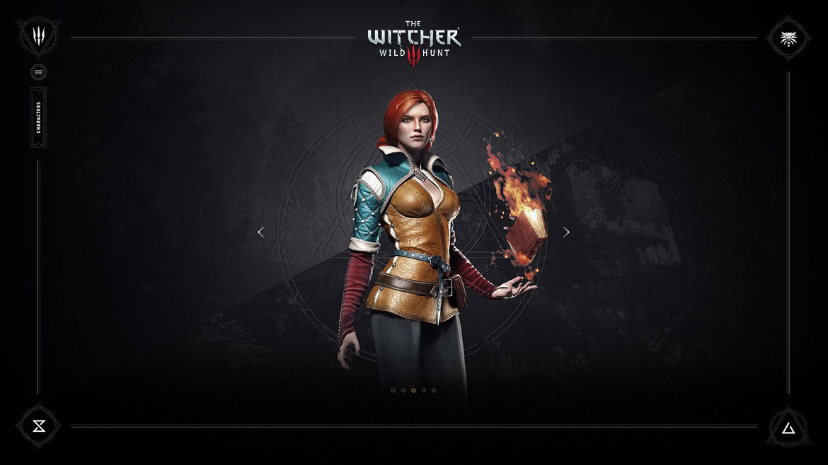 A woman with red hair in armour holding a fireball, set against a dark background.