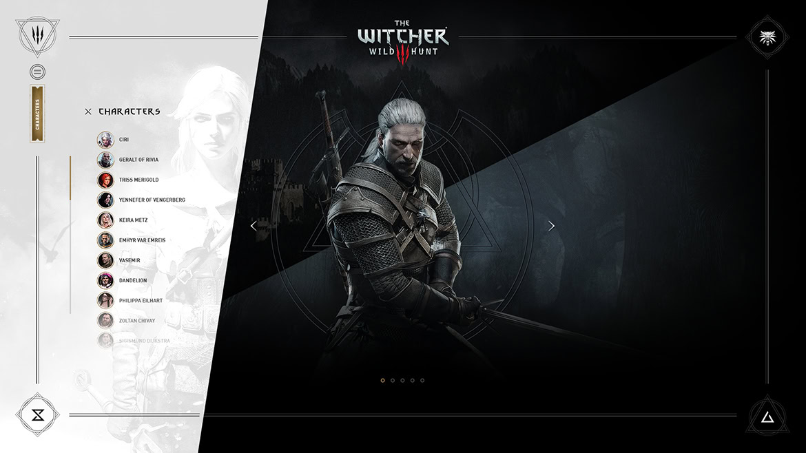 A man in dark armour holding a sword, with a dark background and game interface elements.