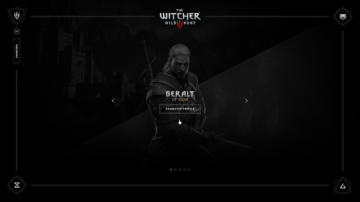 Wild Hunt game menu screen featuring a character with white hair and a dark background.