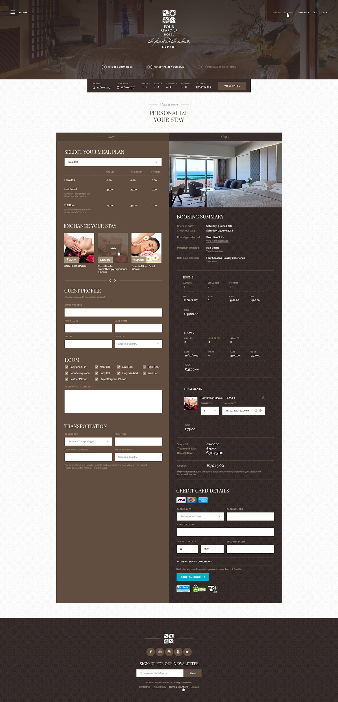 A modern hotel booking webpage featuring a reservation form, room options, guest details, and contact information.