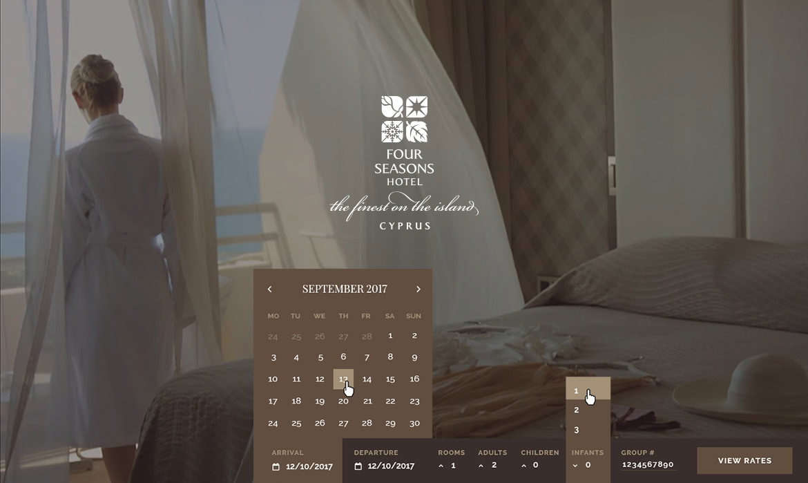 A woman in a bathrobe looks out of a window in a hotel room with a bed and curtains.