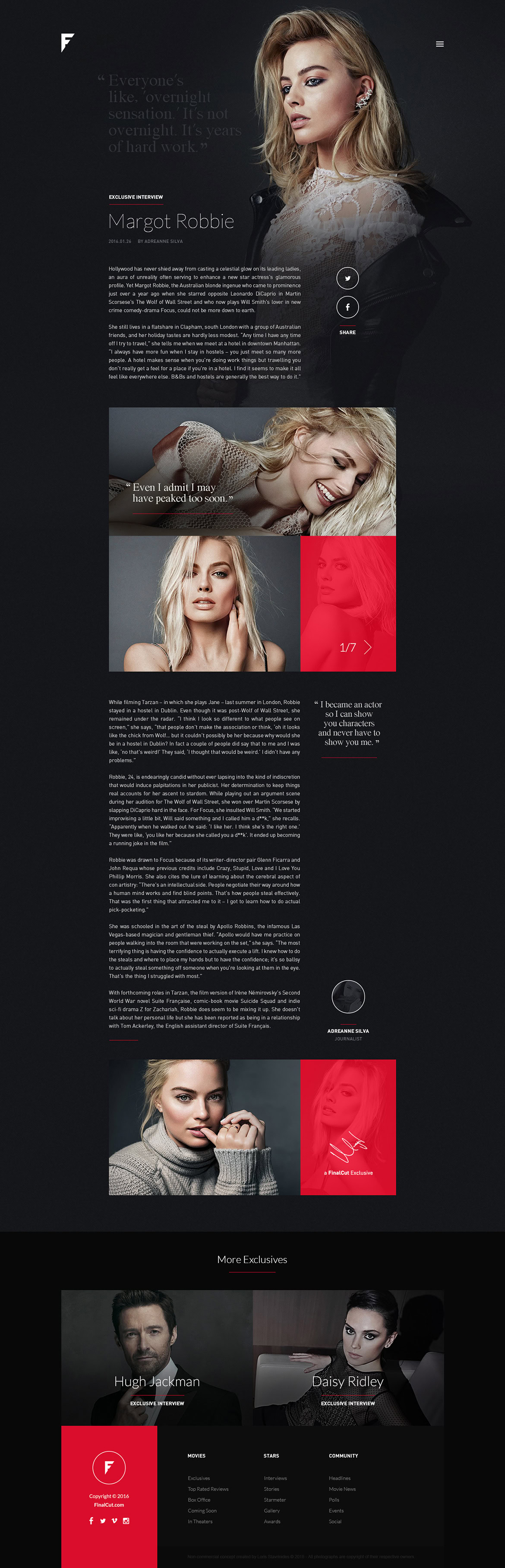 A woman with blonde hair and makeup, multiple portrait images, and a dark background with text and icons.