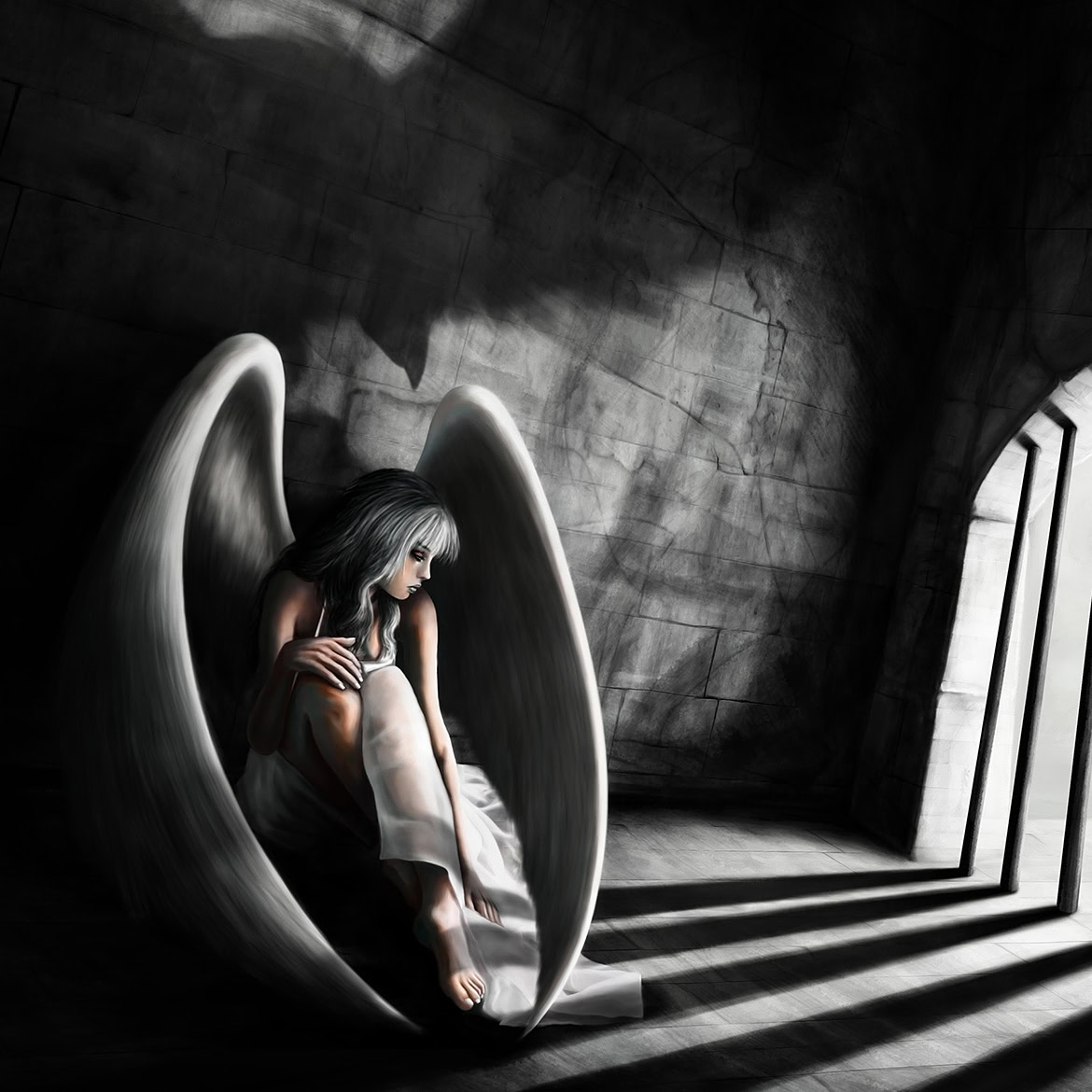 A girl with angel wings sitting alone in a dark, shadowy room near a large arched window.