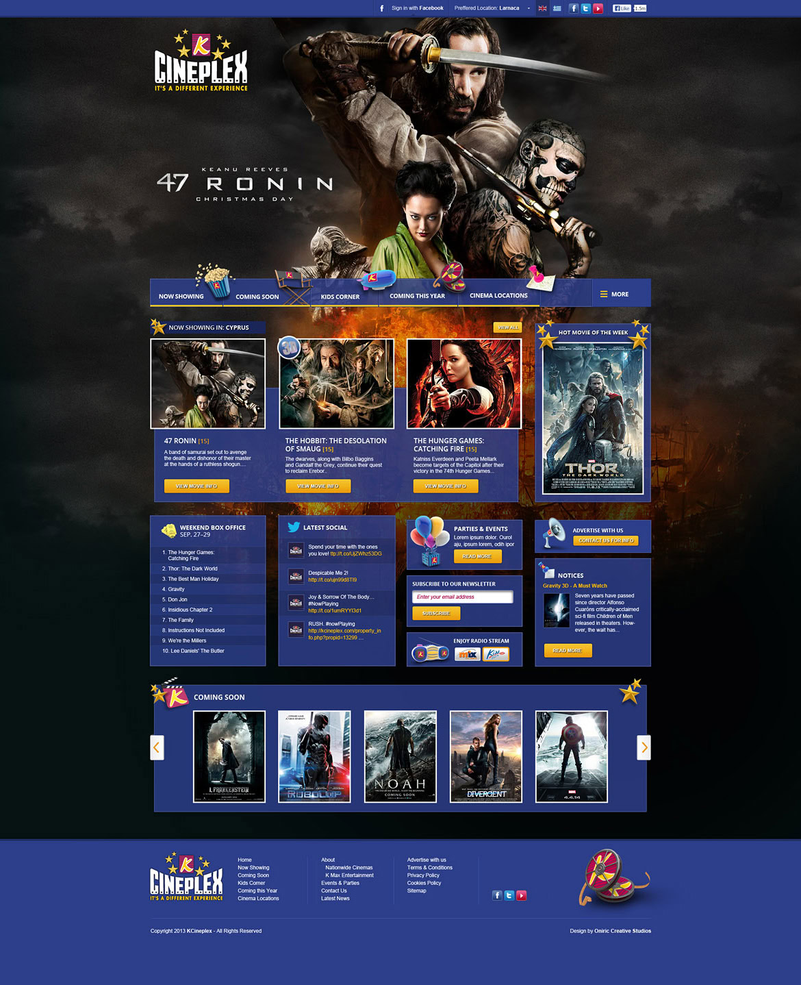 A group of characters from various movies displayed on a cinema website homepage with a dark background.