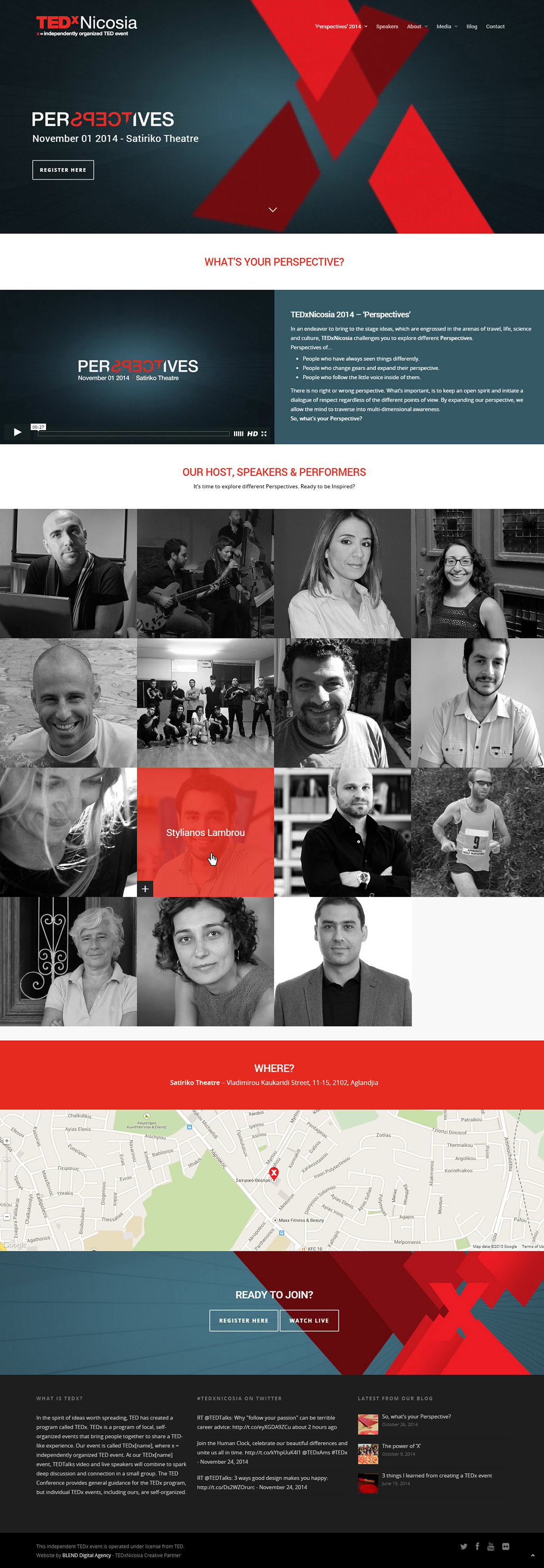 TEDxNicosia event poster featuring the event title, speaker images, and event details with a red and dark blue colour scheme.