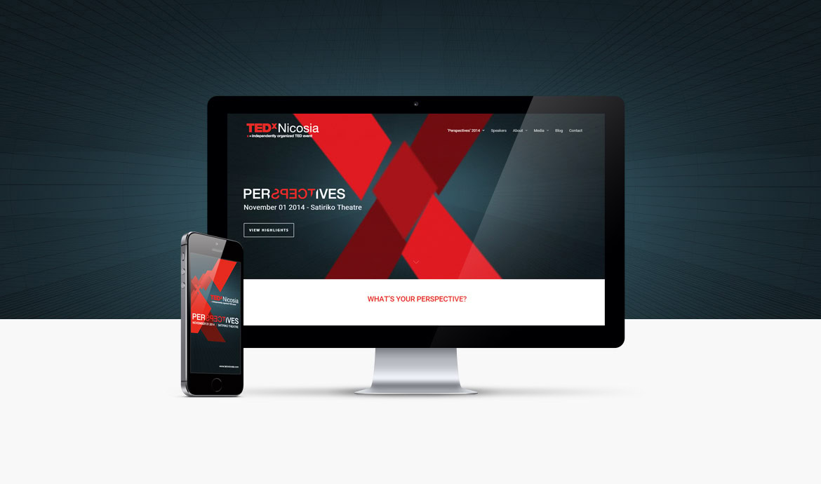 TEDxNicosia event poster displayed on a desktop monitor and smartphone, featuring red and grey geometric design elements.
